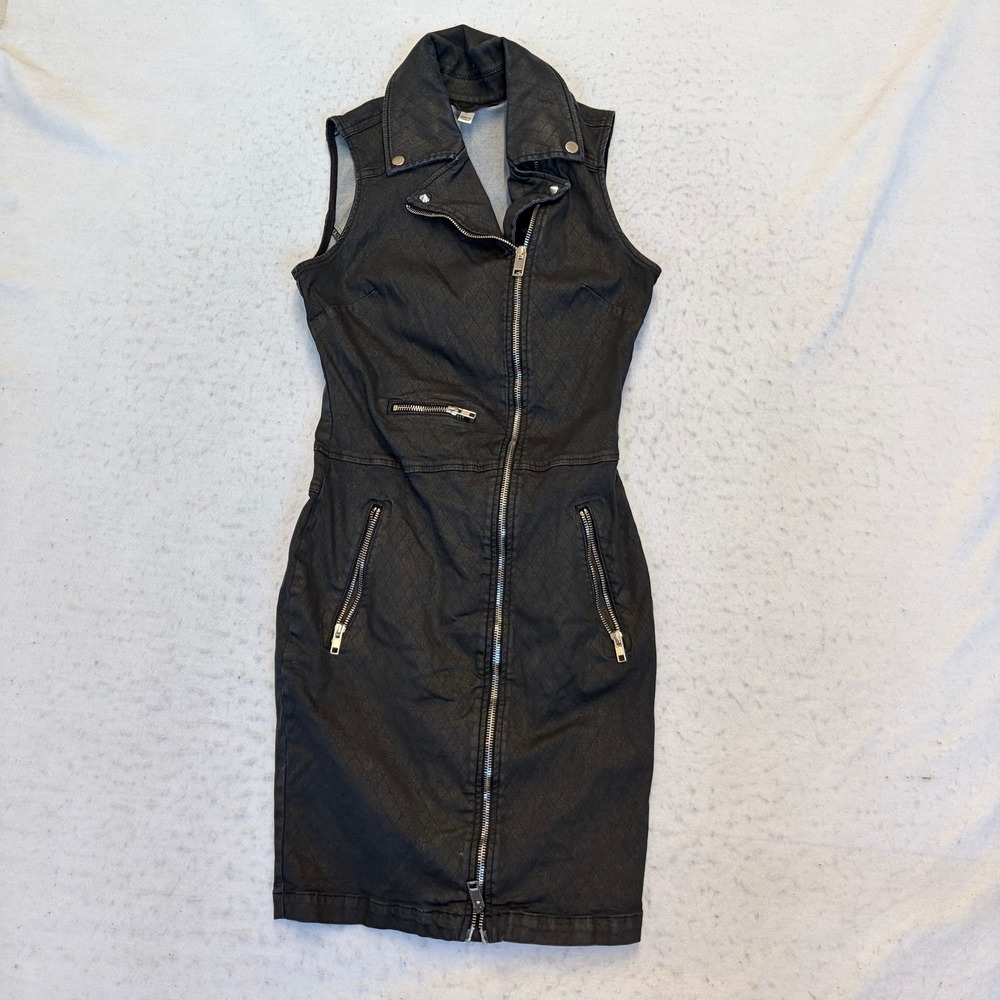 Diesel Moto Vest Dress Womens Size S Black Diamond Quilted Coated Denim Zip Up